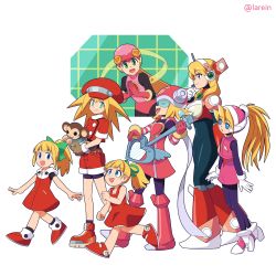6+girls alia_(mega_man) android animal blonde_hair blue_eyes bodysuit brown_gloves newsboy_cap ciel_(mega_man) data_(mega_man) dress gloves green_eyes green_ribbon hair_between_eyes hair_ribbon harp_note_(mega_man) hat headgear helmet high_ponytail holding holding_animal lareindraws long_hair mega_man_(classic) mega_man_(series) mega_man_battle_network mega_man_battle_network_(series) mega_man_legends_(series) mega_man_star_force_(series) mega_man_x_(series) mega_man_zero_(series) microphone monkey multiple_girls netnavi open_mouth pantyhose pink_bodysuit ponytail red_dress red_headwear red_shorts ribbon roll.exe_(mega_man) roll_(mega_man) roll_caskett_(mega_man) shorts skirt smile standing walking white_gloves