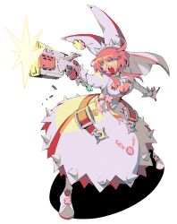 1girl animal_ears bad_id bad_tumblr_id belt breasts choker cleavage commentary commission dress elphelt_valentine fake_animal_ears fingerless_gloves fingernails firing gloves green_eyes grey_background guilty_gear guilty_gear_xrd gun highres holding holding_gun holding_weapon long_hair muzzle_flash open_mouth pink_hair pink_nails pointy_footwear shell_casing simple_background solo sorrysap spikes teeth tongue upper_teeth_only weapon white_choker white_dress white_footwear wings x