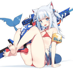 1girl :d absurdres animal_ear_fluff animal_ears ass bad_id bad_twitter_id bare_shoulders barefoot bikini blue_eyes blush breasts cat_ears cloba collarbone criss-cross_halter fang feet fins fish_tail gawr_gura gun hair_ornament halterneck highres holding holding_gun holding_weapon hololive hololive_english long_hair looking_at_viewer multicolored_hair one_side_up open_mouth red_bikini ribbon shark_girl shark_hair_ornament shark_tail sharp_teeth sidelocks simple_background sitting skirt small_breasts smile soles solo streaked_hair string_bikini swimsuit tail teeth thighs toes two_side_up virtual_youtuber weapon white_background white_hair