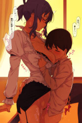 1boy 1girl black_bra black_lingerie black_pubic_hair blush blushing_female bra breasts censored closed_eyes colorized cum cum_in_pussy dress face_between_breasts frilled_dress frills glasses grabbing_another&#039;s_breast groping hand_on_another&#039;s_ass hand_on_table head_between_breasts height_difference japanese_text large_areolae large_breasts long_hair looking_down mosaic_censoring open_mouth orgasm pole_(ppp1409) pubic_hair purple_hair red_eyes rin_(senran_kagura) room senran_kagura sex shirt short_hair standing standing_sex sweat tagme thighhighs translation_request underwear white_shirt window