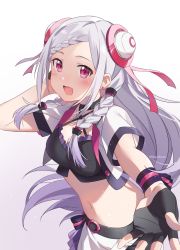 Rule 34 | 1girl, :d, black gloves, blush, braid, braided bangs, crop top, double bun, earrings, fingerless gloves, gloves, hair bun, highres, jewelry, knokzm, long hair, looking at viewer, midriff, navel, open mouth, red eyes, smile, solo, sword art online, sword art online the movie: ordinal scale, twitter username, white hair, yuna (sao)
