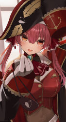 absurdres annin_oekaki arrow_through_heart ascot backlighting bicorne black_coat black_hat blue_brooch breasts brooch buttons coat commentary covered_navel frilled_shirt_collar frills gloves gold_trim hair_ribbon hat heterochromia highres holding_eyepatch hololive houshou_marine houshou_marine_(1st_costume) jacket jewelry lapel_pin large_breasts leotard leotard_under_clothes long_hair pirate_hat pleated_skirt red_ascot red_eyes red_hair red_jacket red_ribbon red_skirt ribbon see-through_clothes see-through_leotard see-through_midriff skirt twintails virtual_youtuber white_gloves yellow_eyes