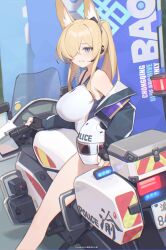 1girl absurdres animal_ear_fluff animal_ears bare_shoulders bilibili_xiaolu black_jacket blonde_hair blue_archive blue_eyes blue_halo breasts carrying carrying_under_arm commentary_request dog_ears dog_girl earpiece halo helm helmet highres jacket kanna_(blue_archive) kanna_(swimsuit)_(blue_archive) large_breasts motorcycle off_shoulder official_alternate_costume official_alternate_hairstyle on_motorcycle one-piece_swimsuit open_clothes open_jacket police_motorcycle ponytail swimsuit white_one-piece_swimsuit