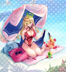 1girl bare_legs blonde_hair blush breasts cleavage cushion dainsleif_(phantom_of_the_kill) earrings fire floating_crown flower full_body green_eyes green_fire green_nails hair_between_eyes jewelry large_breasts long_hair looking_at_viewer nail_polish official_alternate_costume official_art one-piece_swimsuit open_mouth parasol phantom_of_the_kill red_flower red_one-piece_swimsuit red_petals red_rose rose second-party_source shibuhiko solo stud_earrings sunglasses swimsuit umbrella