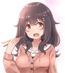1girl black_hair brown_eyes cardigan chopsticks commentary_request eating food food_on_face hibi_wa_sugiredo_meshi_umashi holding holding_chopsticks hood hoodie kawai_mako light_blush long_hair looking_at_viewer multiple_hair_clips open_mouth paid_reward_available pink_cardigan smile solo yon_senpai