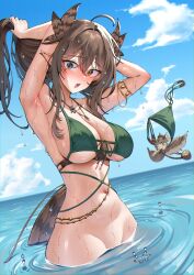 1girl absurdres ahoge armpits bikini bird_tail blue_eyes breasts brown_hair day feather_hair green_bikini grey_eyes hair_between_eyes heterochromia highres himeliofon indie_virtual_youtuber kumi_(vtuber) large_breasts long_hair looking_at_viewer navel open_mouth pointy_ears scar scar_across_eye scar_on_face second-party_source squirrel swimsuit tail tying_hair unworn_bikini_bottom virtual_youtuber wading water wet yellow_eyes
