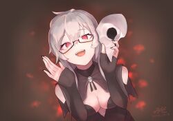 1girl absurdres black_nails breasts character_request cleavage clothing_cutout commentary_request commission dark_background dated dutch_angle grey_hair hair_between_eyes highres holding holding_mask long_hair long_sleeves looking_at_viewer mask medium_breasts nail_polish null_suke open_mouth pixiv_commission red_eyes semi-rimless_eyewear shoulder_cutout sleeves_past_wrists solo under-rim_eyewear upper_body virtual_youtuber
