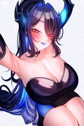 1girl absurdres asymmetrical_horns black_dress black_hair blue_hair blue_tongue blush breasts choker cleavage colored_inner_hair colored_tongue craymer crystal_horns demon_horns dress elbow_gloves flower gloves hair_ornament highres holoadvent hololive hololive_english horn_flower horns large_breasts long_hair looking_at_viewer mole mole_under_eye multicolored_hair nerissa_ravencroft red_eyes sitting smile solo tongue tongue_out two-tone_hair uneven_horns very_long_hair virtual_youtuber