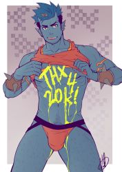 1boy abs bara bare_arms bare_pectorals blue_oni blue_skin body_writing bodypaint bracelet bulge chest_hair clothes_lift colored_skin earrings facial_hair hairy horns jasdavi jewelry jockstrap large_pectorals lifting_own_clothes male_focus male_underwear milestone_celebration multicolored_hair muscular navel navel_hair nipples oni oni_horns orange_eyes orange_tank_top original oskar_(jasdavi) pectorals pointy_ears red_eyes shirt_lift short_hair sideburns smile solo spiked_bracelet spikes streaked_hair stubble tank_top thick_thighs thighs underwear