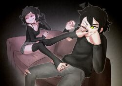 1boy 1girl :3 andrew_graves ashley_graves black_hair black_nails black_shirt black_thighhighs brother_and_sister bulge couch erection erection_under_clothes feet foot_focus foot_on_another&#039;s_face footjob_over_clothes green_eyes head_on_hand jewelry long_sleeves looking_at_another nail_polish no_shoes on_couch pants pink_eyes shirt siblings sleeves_past_wrists stirrup_legwear the_coffin_of_andy_and_leyley thighhighs toe_ring toeless_legwear toenail_polish toenails toes torn_clothes torn_pants xu53r