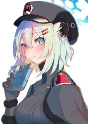 1girl animal_ears blue_archive blue_eyes blue_halo flask gloves grey_gloves halo hat highres hip_flask holding holding_flask kagu_(a_hazy_moon) looking_at_viewer medium_hair peaked_cap purple_halo red_winter_federal_academy_logo shigure_(blue_archive) smile solo upper_body weasel_ears weasel_girl white_background