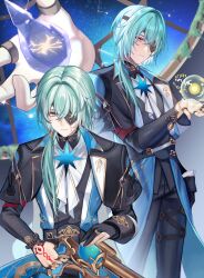 1boy absurdres anaxa_(honkai:_star_rail) aqua_hair black_gloves black_jacket black_pants chain close-up closed_mouth cowboy_shot earrings enasuska eyepatch gloves gun highres holding holding_gun holding_weapon honkai:_star_rail honkai_(series) jacket jewelry male_focus medium_hair multiple_views pants single_earring solo upper_body weapon