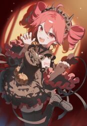 Rule 34 | ahoge, black dress, black hairband, black thighhighs, boots, detached sleeves, dress, drill hair, frilled dress, frilled hairband, frilled sleeves, frills, hair between eyes, hairband, hands up, highres, jewelry, jjeogi38, jumping, kasane teto, kasane teto (halloween), looking at viewer, number tattoo, red background, red hair, red nails, red tattoo, ring, shoulder tattoo, tattoo, teeth, thigh boots, thighhighs, three-quarter sleeves, tongue, twin drills, utau