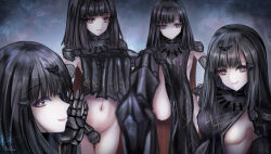 4girls absurdres black_hair black_scapular breasts brown_eyes closed_mouth clothes_lift commentary_request eyelashes eyeshadow girls&#039;_frontline highres long_hair looking_at_viewer makeup martinreaction mechanical_arms mechanical_legs medium_breasts multiple_girls navel no_panties nyto_(generic)_(girls&#039;_frontline) nyto_(girls&#039;_frontline) paradeus parted_lips scapular short_hair sideboob signature simple_background smile stepping