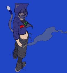 1girl animal_ears blue_background blue_eyes blue_hair blue_jacket blunt_bangs bone_nigi cat_ears cat_girl cat_tail cigarette from_above highres holding holding_cigarette hood hood_up jacket kurogai_(bone_nigi) looking_at_viewer original pants short_hair smoke solo tail