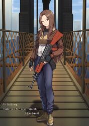 1girl 3_small_spiders ak-47 animification assault_rifle black_gloves black_shirt blue_pants blue_sky bridge brown_eyes brown_hair brown_jacket building chain-link_fence city cityscape closed_mouth commentary commission commissioner_name day english_commentary english_text fence fingerless_gloves forehead full_body genderswap genderswap_(mtf) gloves grand_theft_auto grand_theft_auto_iv gun holding holding_gun holding_weapon jacket kalashnikov_rifle long_hair long_sleeves niko_bellic outdoors pants rifle shadow shirt shoes skeb_commission sky skyscraper smile sneakers solo standing thank_you weapon yellow_shoes