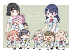 Rule 34 | &gt; &lt;, 6+girls, :3, :d, ^ ^, anyoji hime, aqua neckerchief, black hair, blonde hair, blue dress, blue eyes, blue hair, blunt bangs, blunt ends, bob cut, border, braid, brown hair, brown shoes, center-flap bangs, ceras yanagida lilienfeld, chibi, claw pose, clenched hands, closed eyes, closed mouth, commentary, dress, flower, gradient hair, green eyes, grey hair, hair flower, hair ornament, half updo, hinoshita kaho, kachimachi kosuzu, katsuragi izumi, link! like! love live!, loafers, looking at another, love live!, mole, mole on neck, momose ginko, moso (expect66), multi-tied hair, multicolored hair, multiple girls, murano sayaka, neckerchief, open mouth, orange hair, osawa rurino, outside border, parted bangs, pink flower, pink hair, ponytail, puffy short sleeves, puffy sleeves, rabbit hair ornament, red neckerchief, sailor collar, sailor dress, shoes, short eyebrows, short hair, short sleeves, side braids, smile, socks, standing, summer uniform, symbol-only commentary, thick eyebrows, translation request, triangle hair ornament, twintails, v-shaped eyebrows, virtual youtuber, white border, white sailor collar, white socks, wolf cut, x3, xd, yellow neckerchief
