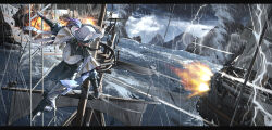 1boy absurdres black_boots blue_hair blue_shirt boots brant_(wuthering_waves) cannon commentary english_commentary from_behind full_body hat hat_feather highres holding knee_boots letterboxed lightning looking_afar male_focus ocean outdoors pants rain ryeon_(naturesan) ship shirt short_hair smile solo storm tornado tricorne upper_body watercraft white_pants wuthering_waves