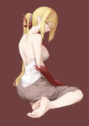 1girl absurdres backless_outfit barefoot black_skirt blonde_hair breasts elbow_gloves gloves highres kiss-shot_acerola-orion_heart-under-blade kizumonogatari large_breasts long_hair looking_at_viewer looking_back monogatari_(series) oshin0_(zheng) oshino_shinobu pointy_ears ponytail red_background red_gloves shirt simple_background skirt sleeveless sleeveless_shirt smile solo vampire white_shirt yellow_eyes