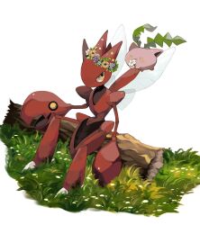 Rule 34 | flower, flower wreath, gen 2 pokemon, grass, highres, holding, holding flower, hoppip, log, looking at another, mmmggom, nintendo, pokemon, pokemon (creature), scizor, simple background, sitting, white background, white flower