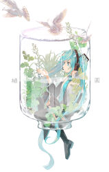 1girl 58_(scbaby) absurdres bird black_thighhighs blue_hair blue_necktie broken_glass detached_sleeves dove full_body glass grey_shirt hatsune_miku headset highres in_container in_jar jar long_hair necktie plant shirt solo thighhighs twintails very_long_hair vocaloid