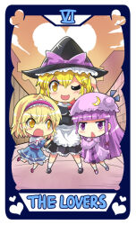 Rule 34 | 3girls, alice margatroid, apron, black headwear, black skirt, blonde hair, blue dress, blunt bangs, bow, brick wall, card (medium), colonel aki, dress, hat, hat bow, heart, kirisame marisa, long hair, medium hair, mob cap, multiple girls, one eye closed, patchouli knowledge, purple bow, purple dress, purple eyes, purple hair, skirt, tarot, tarot (medium), the lovers (tarot), touhou, very long hair, waist apron, white apron, witch hat, yellow eyes