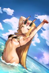 Rule 34 | 1girl, arm tattoo, armpits, arms up, bad id, bad pixiv id, bikini, bikini top only, black bikini, blonde hair, bottomless, breasts, closed eyes, closed mouth, convenient censoring, day, dutch angle, earrings, facial mark, fate/grand order, fate (series), female focus, forehead mark, horns, ibaraki douji (fate), ibaraki douji (swimsuit lancer) (fate), ibaraki douji (swimsuit lancer) (first ascension) (fate), jewelry, long hair, medium breasts, navel, ocean, oni horns, outdoors, partially submerged, pointy ears, roropull, sky, smile, solo, stomach, stretching, swimsuit, tattoo, underboob, very long hair