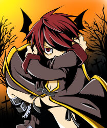 1boy arima_natsubon bare_tree bat_wings black_coat black_panties black_wings brown_shoes coat commentary_request crossed_arms foot_out_of_frame gold_trim hair_over_one_eye head_wings long_sleeves looking_at_viewer male_focus panties priest_(ragnarok_online) ragnarok_online red_eyes red_hair shoes short_hair solo tree underwear v-shaped_eyebrows wings