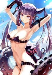 Rule 34 | 1girl, abigail williams (fate), abigail williams (fate) (cosplay), abigail williams (swimsuit foreigner) (fate), abigail williams (swimsuit foreigner) (first ascension) (fate), arms up, bikini, blue sky, blunt bangs, breasts, chromatic aberration, cleavage, cloud, commentary request, cosplay, cowboy shot, day, fate/grand order, fate (series), gloves, hair horns, highres, large breasts, looking at viewer, midriff, navel, nosh (fate), numao sub, purple eyes, purple gloves, purple hair, sideboob, sky, smile, solo, strapless, strapless bikini, swimsuit, tentacles, twintails, underboob, water, yang guifei (fate)