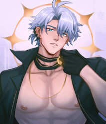 1boy absurdres antenna_hair bare_pectorals black_choker black_gloves black_shirt blue_eyes chalseu choker collared_shirt commentary earclip gloves half_gloves halo halo_behind_head highres looking_at_viewer male_focus official_alternate_costume open_clothes open_shirt pectorals phainon_(fashion)_(honkai:_star_rail) phainon_(honkai:_star_rail) ponytail shirt short_hair solo upper_body white_hair