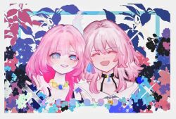 2girls :d ^_^ black_choker blue_eyes bra_strap chinese_commentary choker closed_eyes commentary_request cyrene_(honkai:_star_rail) grin honkai:_star_rail honkai_(series) jewelry looking_at_viewer march_7th_(honkai:_star_rail) multiple_girls necklace open_mouth pink_hair pink_pupils portrait shengliyanshui shirt short_hair smile white_shirt