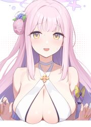 Rule 34 | 1girl, bare shoulders, bikini, blue archive, blush, breasts, cleavage, criss-cross halter, enosan, flower, hair bun, hair flower, hair ornament, hair scrunchie, halo, halterneck, large breasts, long hair, looking at viewer, mika (blue archive), open mouth, pink hair, scrunchie, sidelocks, single side bun, smile, solo, swimsuit, white bikini, yellow eyes