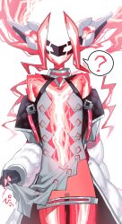 ? bare_shoulders coat colored_skin cowboy_shot dress duel_monster electricity enmo_takeshita eye_mask grey_dress highres long_hair off_shoulder red_skin simple_background spoken_question_mark spright_elf very_long_hair white_background white_coat yu-gi-oh!