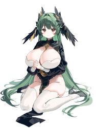 1girl absurdres black_shoes black_wings blush breasts character_request cleavage closed_mouth commentary full_body gogoco green_hair hair_between_eyes hashtag-only_commentary head_wings high_heels highres huge_breasts interlocked_fingers long_hair long_sleeves looking_at_viewer multiple_wings own_hands_together pelvic_curtain red_eyes shoes simple_background sitting solo symbol-only_commentary thighhighs trickcal very_long_hair white_background white_thighhighs wings
