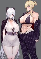 2girls abs amano_don arms_behind_back bikini bikini_under_clothes black_bikini black_bow black_choker black_jacket black_pants blonde_hair blue_eyes blush bow breasts choker cinderella_(beautiful_me)_(nikke) cinderella_(nikke) cleavage closed_mouth commentary curvy dongtan_dress dress eyewear_hang feet_out_of_frame formal_clothes glasses goddess_of_victory:_nikke grave_(beautiful_you)_(nikke) grave_(nikke) grey_background grey_dress hair_bow hair_intakes hair_over_one_eye half_updo heart heart_necklace highleg highleg_bikini highres jacket jacket_on_shoulders jewelry large_breasts long_hair looking_at_viewer medium_hair meme_attire multiple_girls navel necklace necklace_between_breasts off-shoulder_dress off_shoulder official_alternate_costume open_clothes open_fly open_jacket pants parted_lips pencil_dress pinstripe_jacket pinstripe_pants pinstripe_pattern pinstripe_shirt pinstripe_suit ponytail red_eyes ribbed_dress scar scar_on_stomach shirt short_dress short_ponytail sidelocks simple_background single_bare_shoulder single_off_shoulder standing striped_clothes striped_jacket striped_pants suit sunglasses swimsuit tinted_eyewear underbust unworn_eyewear vertical-striped_clothes vertical-striped_jacket vertical-striped_pants very_long_hair white_hair yellow-tinted_eyewear