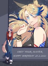 1girl absurdres american_flag american_flag_print animal_ears armband birthday black_shirt black_shoes blonde_hair blue_eyes blue_hair blue_pants bracelet character_name closed_mouth commentary dated denim english_text finger_to_mouth flag_print hair_over_shoulder happy_birthday highres horse_ears horse_girl horse_tail jeans jewelry long_hair long_sleeves looking_at_viewer looking_to_the_side multicolored_hair obey_your_master_(umamusume) one_eye_closed own_hands_together pants plaid_clothes plaid_shirt poster_(object) red_shirt shirt shoes sleeveless sleeveless_shirt smile solo standing standing_on_one_leg star-shaped_pupils star_(symbol) symbol-shaped_pupils tail tira_(tira_e) two-tone_hair two_side_up umamusume umamusume:_cinderella_gray wristband yellow_nails