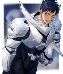 1boy armor bara boku_no_hero_academia breastplate chiseled_face cowboy_shot domo_(domo_kizusuki) from_above helmet highres iida_tensei light_smile looking_at_viewer male_focus muscular muscular_male solo standing superhero_costume thick_eyebrows unworn_headwear unworn_helmet