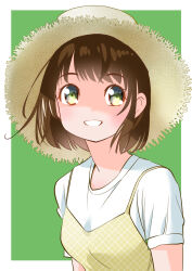 Rule 34 | 1girl, border, brown eyes, brown hair, dress, green background, hat, looking at viewer, original, outside border, pinafore dress, shirt, short hair, short sleeves, simple background, sleeveless, sleeveless dress, solo, straw hat, upper body, white border, white shirt, yamanaka kouji (yanchiki2001), yellow dress