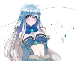 1girl arcane_master_(ragnarok_masters) blue_hair blue_skirt blue_sleeves blue_tube_top blush breasts closed_mouth commentary_request crossed_bangs datenshi_no_fu detached_sleeves feathered_wings hair_between_eyes head_wings highres large_breasts long_hair looking_at_viewer navel ragnarok_masters ragnarok_online red_eyes skirt solo strapless tube_top upper_body very_long_hair white_background white_wings wings