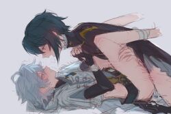 2boys anal aroused blush bottomless breath chongyun_(genshin_impact) cum eye_contact genshin_impact hands_on_another&#039;s_thighs highres looking_at_another male_focus missionary multiple_boys open_mouth sex simple_background trembling tuhuoooo xingqiu_(genshin_impact) yaoi