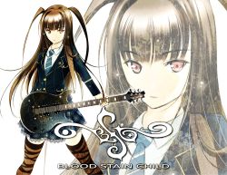 1girl brown_eyes brown_hair brown_thighhighs female_focus guitar instrument long_hair moonsorrow necktie original school_uniform skirt solo thighhighs twintails two_side_up zoom_layer