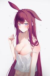 1girl absurdres animal_ears arknights arm_at_side armpit_crease bare_arms bare_shoulders blue_nails blue_streaks blush breasts brown_hair camisole cleavage closed_mouth collarbone crop_top crop_top_overhang cropped_shirt crossed_bangs dot_nose downblouse fingernails grey_background hand_in_own_hair hand_up highres light_blush long_hair looking_at_viewer loose_clothes loose_shirt low_neckline medium_breasts multicolored_hair nail_polish navel no_bra off_shoulder pink_eyes purple_hair purple_nails ray_(arknights) shirt simple_background single_ear_down single_off_shoulder solo spaghetti_strap squeans stomach strap_slip streaked_hair twirling_hair upper_body very_long_hair white_camisole white_shirt zapik