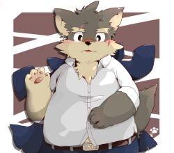1boy bara belt body_fur brown_belt collared_shirt dog_boy furry furry_male kinoko3331 looking_at_viewer male_focus moritaka_(housamo) pawpads scar scar_on_face scar_on_nose shirt solo tokyo_houkago_summoners tongue tongue_out white_shirt