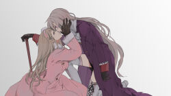 2girls ascot axis_powers_hetalia black_gloves blonde_hair boots breasts cane closed_mouth coat dress fur-trimmed_dress fur-trimmed_sleeves fur_trim genderswap genderswap_(mtf) gloves grey_background grey_hair hair_between_eyes hairband half-closed_eyes hand_on_another&#039;s_face hand_up hita_(hitapita) holding holding_cane long_hair long_sleeves looking_at_another medium_breasts multiple_girls non-web_source on_one_knee open_clothes open_coat pink_dress pink_hairband pom_pom_(clothes) prussia_(female)_(hetalia) prussia_(hetalia) purple_coat purple_eyes red_eyes russia_(female)_(hetalia) russia_(hetalia) shirt simple_background sitting smile thigh_boots white_ascot white_boots white_shirt yuri