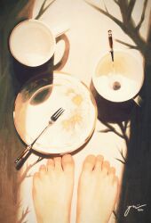 1other absurdres cup feet fork highres mug original plate saik_you shadow signature solo spoon teacup toes