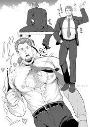 1boy alternate_costume arm_up belt bench blazer chest_hair commentary_request covered_erect_nipples cup dragon_quest dragon_quest_xi facial_hair floating_clothes floating_hair formal_clothes greig_(dq11) hair_slicked_back hand_in_pocket heart holding holding_cup jacket jewelry long_hair long_sleeves looking_at_viewer male_focus monochrome motion_lines multiple_views muscular muscular_male necktie nodosabu on_bench open_clothes open_jacket open_mouth pectorals pendant ponytail popped_button single_bang sitting smile solo speech_bubble suit surprised translation_request waving