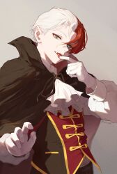 1boy aqua_eyes boku_no_hero_academia burn_scar fangs finger_to_mouth gloves halloween heterochromia highres looking_at_viewer male_focus multicolored_hair open_mouth red_hair scar scar_on_face short_hair solo soru_2023 split-color_hair todoroki_shoto tongue tongue_out twitter_username two-tone_hair vampire vampire_costume white_gloves white_hair