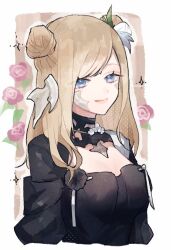 1girl au_ra black_dress blonde_hair blue_eyes cleavage_cutout clothing_cutout dragon_girl dragon_horns dress final_fantasy final_fantasy_xiv horns looking_at_viewer namikaze_so scales solo sparkle upper_body warrior_of_light_(ff14)