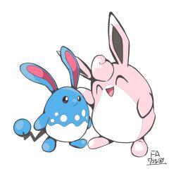 azumarill closed_eyes closed_mouth commentary_request creatures_(company) full_body game_freak gen_1_pokemon gen_2_pokemon hand_on_another&#039;s_head height_difference highres nanikoreon nintendo no_humans open_mouth pokemon pokemon_(creature) pokemon_focus simple_background smile standing white_background wigglytuff