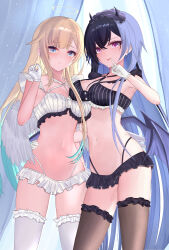 :p absurdres aizawa_ema angel aqua_hair asymmetrical_docking bikini black_hair black_horns black_panties blonde_hair blue_eyes blunt_bangs bra breast_press breasts brown_thighhighs chest_harness cosplay crossed_bangs curtains demon_girl demon_horns demon_wings feathered_wings finger_to_mouth frilled_bra frills gloves gradient_hair hair_between_eyes hair_flaps hairband halo harness highres horns ichinose_uruha ichinose_uruha_(birthday_2023) ichinose_uruha_(cosplay) kaeha large_breasts lolita_hairband long_hair looking_at_viewer microskirt multi-strapped_bikini_bottom multicolored_hair navel o-ring o-ring_harness panties purple_eyes skirt stomach striped_bra striped_clothes thighhighs tongue tongue_out underwear vertical-striped_bra vertical-striped_clothes very_long_hair virtual_youtuber vspo! white_bra white_gloves white_panties white_thighhighs white_wings wings